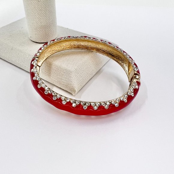 NWOT - Red Enameled Clear Rhinestone Gold Tone Hinge Bracelet - Picture 3 of 5